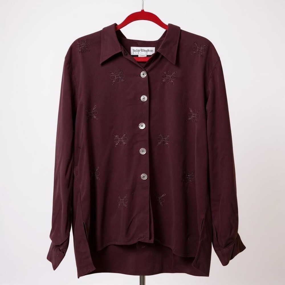 Vintage Marroon Button Down Shirt with Notched Collar and Embroidery